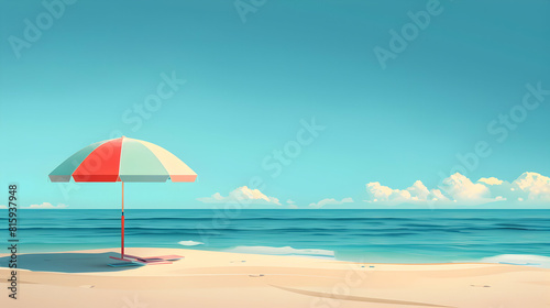 Sandy beach with colorful umbrella and clear sky Relaxing summer concept with ample copyspace in cartoon flat design