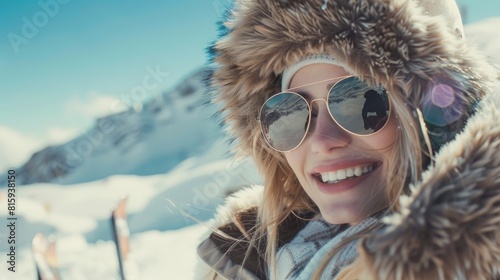 Fashionable girl in stylish winter attire smiling at ski resort