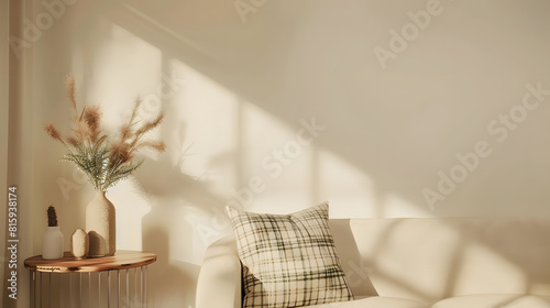 Minimalist composition of elegant and outstanding space with beige sofa coffee table vase green plaid and pillow Beige wall Home decor Template : Generative AI