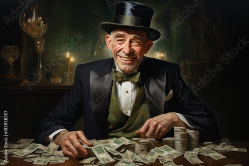 Portrait of a rich old man in a suit and top hat sitting at a table with money counts income in a dark room with candles on the background. photo