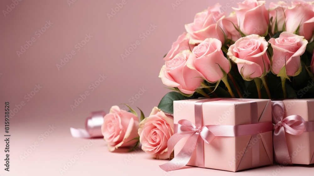 custom made wallpaper toronto digitalBouquet of pink roses and gift box with ribbon on pink background with copy space for text. Greeting card for wedding and Valentine's Day