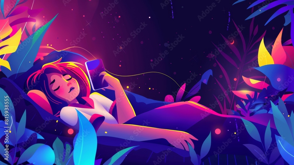The concept of internet addiction, FOMO, overusing social media. Modern landing page illustration of a sleepless woman lying in bed with her smartphone at night. The concept of internet addiction, FOMO, overusing social media. Modern landing page illustration of a sleepless woman lying in bed with her smartphone at night.