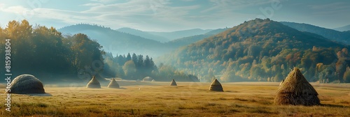 Mountain hills with forest, Haystacks on meadow in autumn season realistic nature and landscape