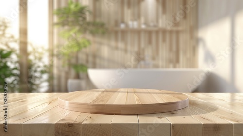 Wooden podium for bathing and spa products in defocused bathroom, Round wooden podium for product display on blurred bathroom background, generative ai
