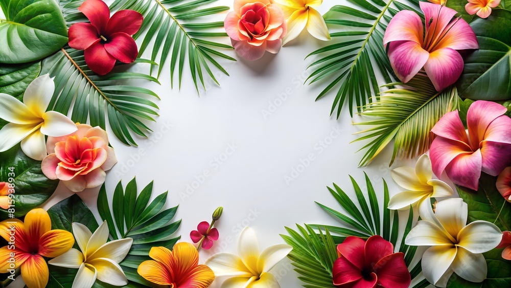 Summer concept frame of tropical flowers and empty copy space in center. Hibiscus, monstera and palm leaves. Flat lay, top view. Summer concept frame of tropical flowers and empty copy space in center. Hibiscus, monstera and palm leaves. Flat lay, top view.