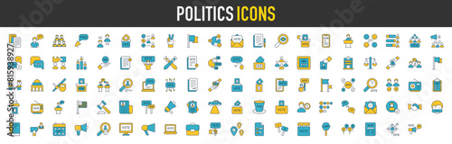 Politics icon set. Contains as Team, Decree, Vote, Absentism, Ballot, Campaign, Demographic, War, Patriotism, Election, Flags, Solution and Checking vector icons illustration.
