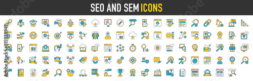 SEO and SEM icon set. Contains as Backlinks, Customer, Target, Web Development, Customer Review, Team, Organic Search and Search Engine vector icons illustration.
