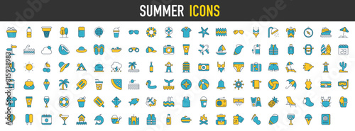 Summer icon set. Contains as Ice Bucket, Cone, Outdoor, Watter Bottle, Slush Drink, Refrigerator, Sun Glasses, Starfish, Coconut, Water Waves, Shower Head and Beach Umbrella vector icon illustration. 