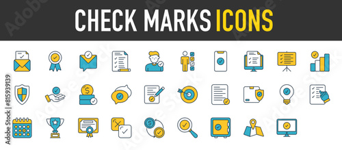  Check Marks icon set. Contains as Email, Warranty, Response, Checklist, Approved, Candidate, Smartphone, Online Test, Reply, Presentation, Stats and Stats vector icons  illustration.