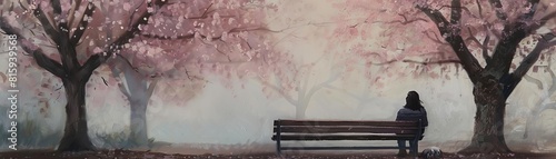 Design a traditional oil painting capturing a figure sitting alone on a park bench in the early morning mist