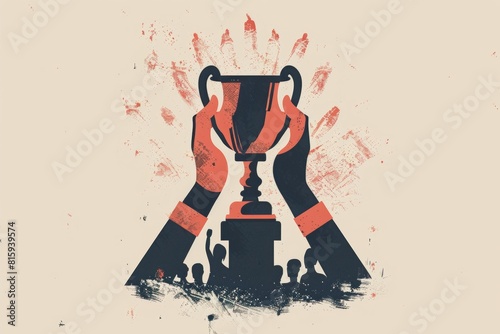 Minimalist Art Style of Hands Holding Trophy Celebrating Victory