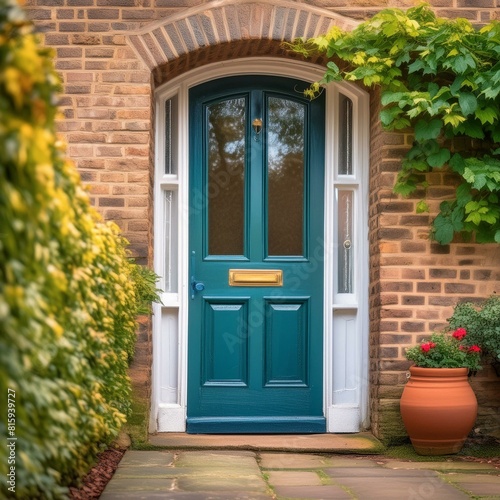 old door with grass, A blue and green door framed an aged brick wall, a nostalgic ambiance reminiscent of a quaint countryside cottage.