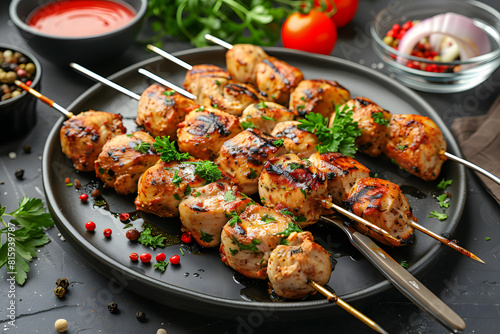 Chicken kebab on plate.