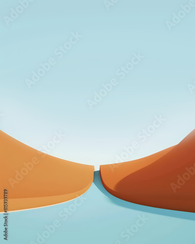 Abstract canyon landscape with orange cliffs and blue water  creating a smooth  minimalist design with a serene aesthetic.