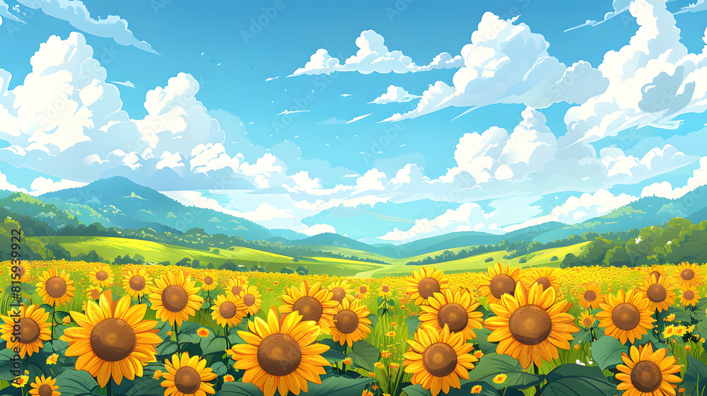 Vibrant Sunflower Field Under Bright Summer Sky   Joyful Summer Concept Flat Design Icon: A Vibrant Illustration Symbolizing the Vibrancy of Summer, with Ample Copyspace.