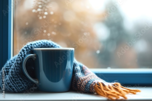 Warm mug wrapped in a scarf by a frosty window, symbolizing winter comfort