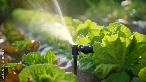 Automatic watering system for a lush and thriving vegetable garden. photo