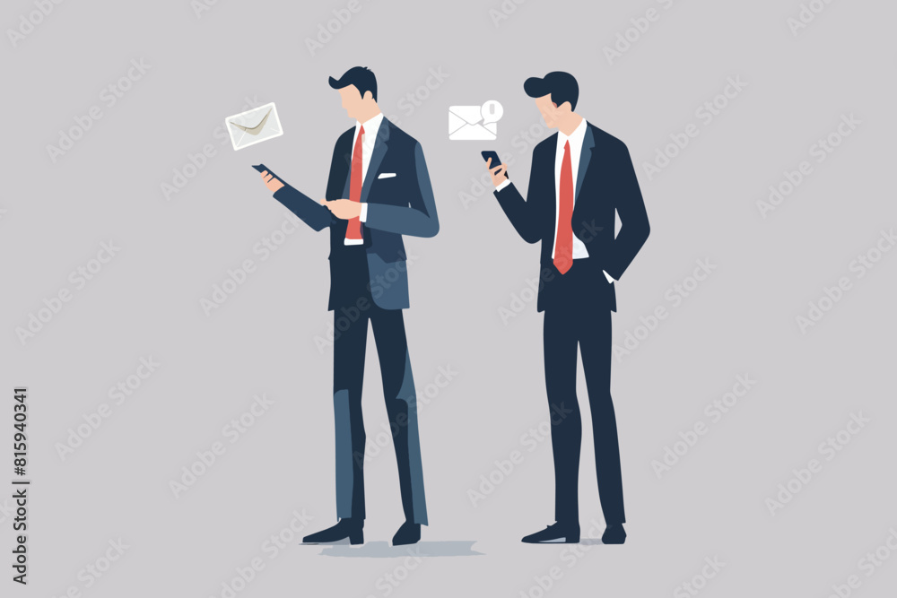 two businessmen were standing straight, sending messages on their cell phones two businessmen were standing straight, sending messages on their cell phones