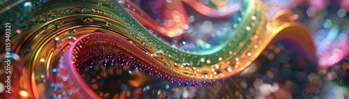 Produce a digital illustration capturing the intricate details of a CG 3D-rendered rainbow ribbon elegantly threading through the interconnected layers of society