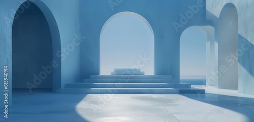 A serene architectural scene featuring blue arches and steps, bathed in natural light ideal for a product placement.