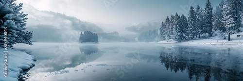 Mountain lake in winter, fog and snow realistic nature and landscape © Be Naturally