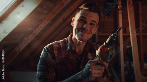 Smiling man winking and holding drill in attic : Generative AI