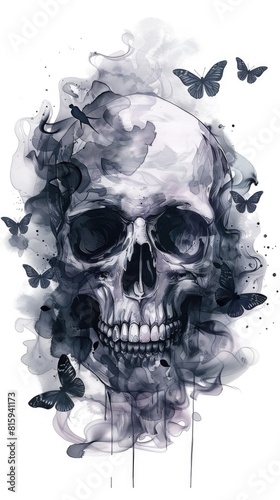 Skull with gray smoke and butterflies isolated on white background. Digital watercolor illustration for printing on T-shirts. Tattoo