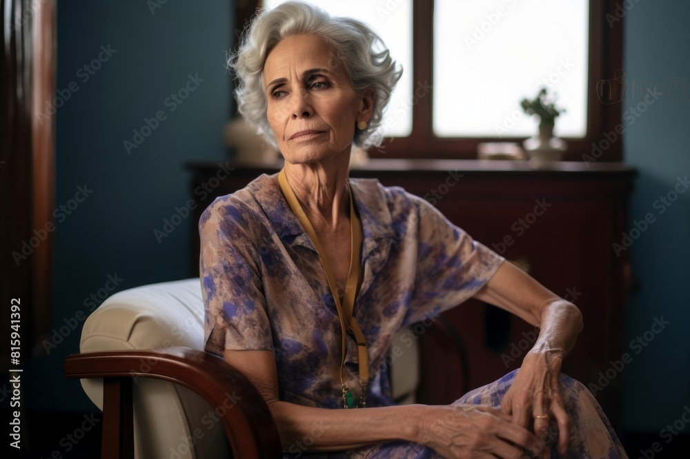 Older woman sitting in her living room pensive and depressed Older woman sitting in her living room pensive and depressed