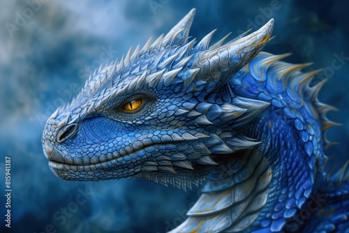 Close-up digital art illustration of a majestic blue dragon with vibrant yellow eyes and detailed scales, showcasing the powerful and enchanting mythical creature in a fantasy world © anatolir