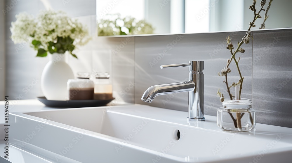 Modern faucet on a white square sink in a minimalist bathroom closeup, interior design with light gray tiles on the wall and flowers in a vase Modern faucet on a white square sink in a minimalist bathroom closeup, interior design with light gray tiles on the wall and flowers in a vase