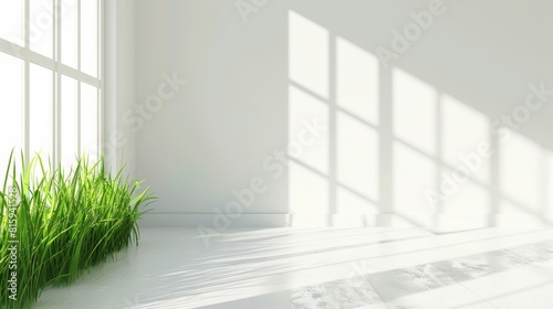 family room  A minimalist white background  with a touch of green grass for decoration.
