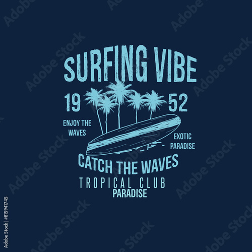 Surfing vibe catch the waves summer beach typography surf board palm tree graphic tee