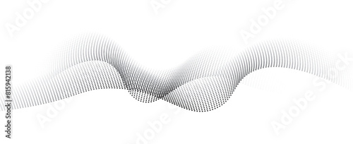 Flowing dots particles wave pattern halftone black gradient curve shape isolated on white background. Vector in concept of technology, science, music, modern.