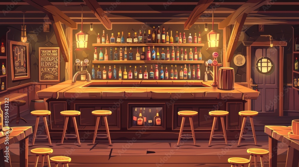 With a cartoon empty interior of an old saloon and wooden bar counter, this modern background is ready for 2D animation.