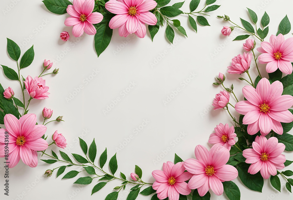 Fototapeta premium Pink flowers on a white background with a frame that says pink 