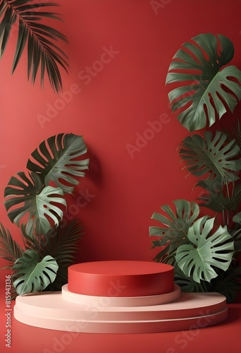 A red wall with a clock and a plant on it
