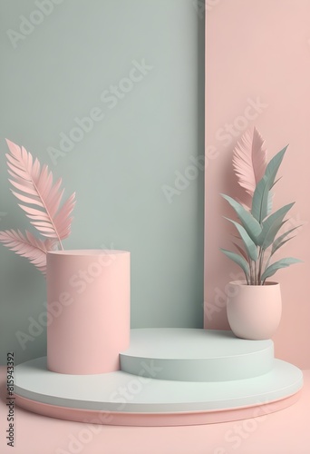 Three potted plants are on a pedestal with a pink wall behind them