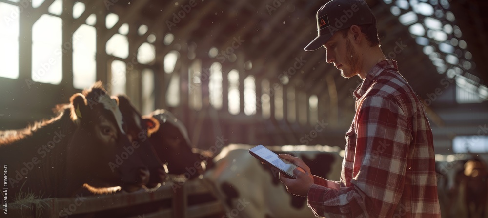 Modern Animal Husbandry: Farmer Using Technology to Monitor Livestock in Barn