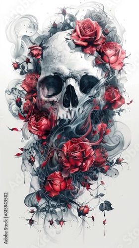 Skull with red rose flowers and gray smoke on white background. Digital watercolor illustration for printing on T-shirts. Tattoo