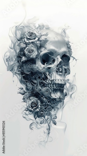 Skull with roses in a smoke. Black and white illustration. For printing on T-shirts and tattoos