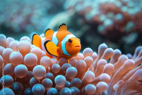 Clownfish nestled among anemone tentacles  representing marine symbiosis. 