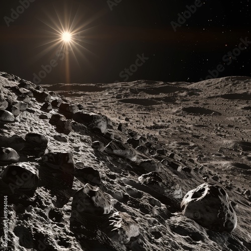 The surface of the moon with the sun in the background. photo