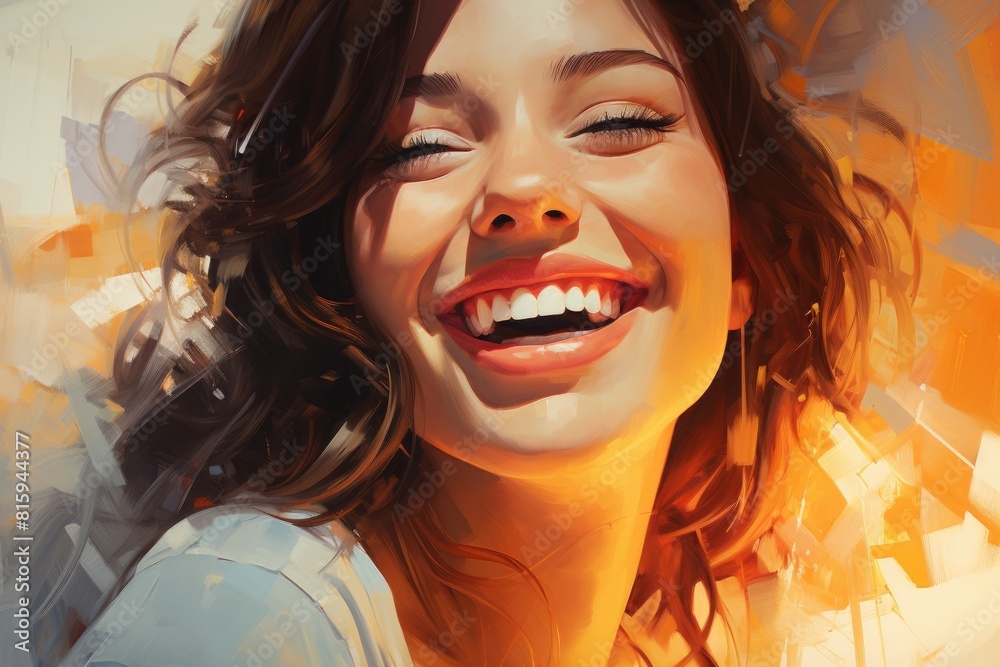 Portrait of a beautiful laughing curly young woman with natural make-up and smile. Advertising background for dental clinic.
