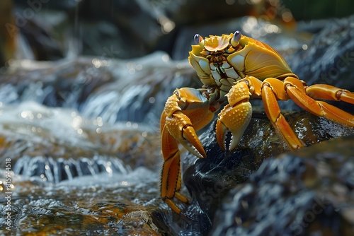 a cute crab on the bank of a river flowing over rocks