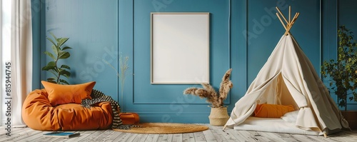 Child's room with blue walls, a wooden floor, and an orange armchair, featuring a small square mockup of an empty picture and a large white poster hanging, white frame background photo