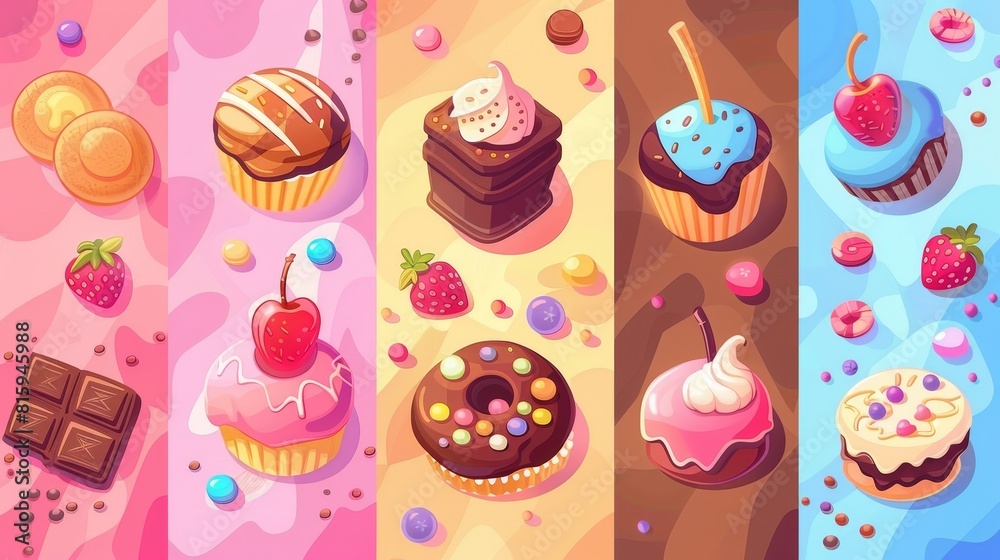 Featuring chocolate, caramel drops, bonbons, cookies, cakes, and more. Modern banners featuring cartoons of desserts, sweets, and candies. Featuring chocolate, caramel drops, bonbons, cookies, cakes, and more. Modern banners featuring cartoons of desserts, sweets, and candies.