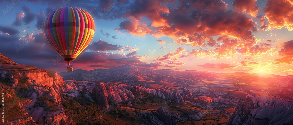 Colorful hot air balloon flying over a beautiful valley at sunset ...