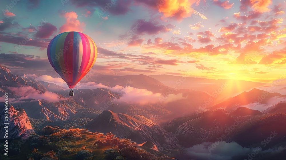Colorful hot air balloon flying over a beautiful valley at sunset ...
