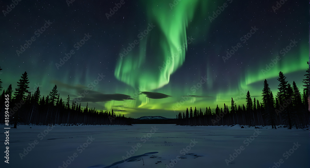 Wide image of Aurora Borealis lights in sky, Northern Lights in a night sky over a northern winter landscape, a lake and pine trees in distance
