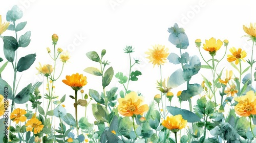 Immerse in the artistry of a watercolor frame with medicinal herbs like bur marigold and celandine, perfect for labels and packaging, highlighted on a white background. photo